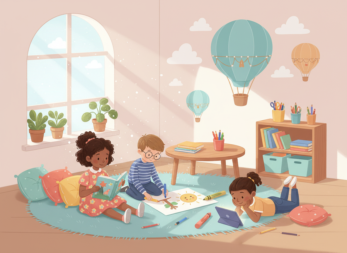 Enfants d’une école primaire lisant et dessinant ensemble dans une classe lumineuse aux couleurs pastel