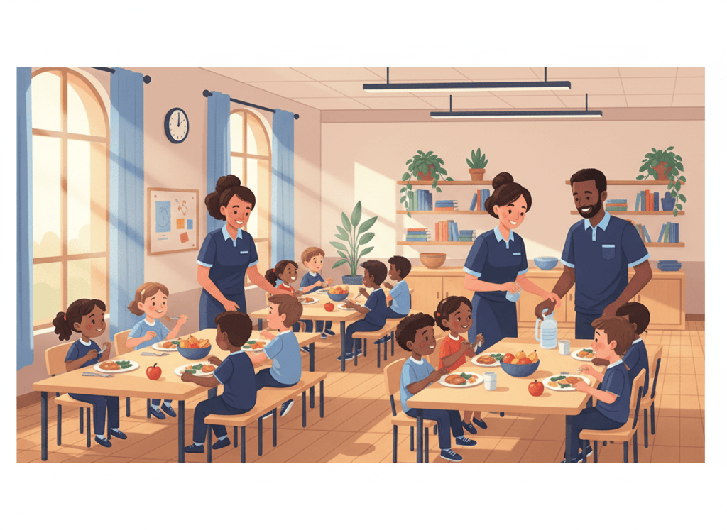 Illustration éditoriale institutionnelle et chaleureuse pour une école primaire française : enfants assis dans une cantine scolaire lumineuse et ordonnée, repas équilibré servi à table, accompagnement bienveillant par des adultes, ambiance rassurante, palette bleu marine, bleu clair et jaune doux, style moderne semi-réaliste, sans texte, sans logos, format paysage.