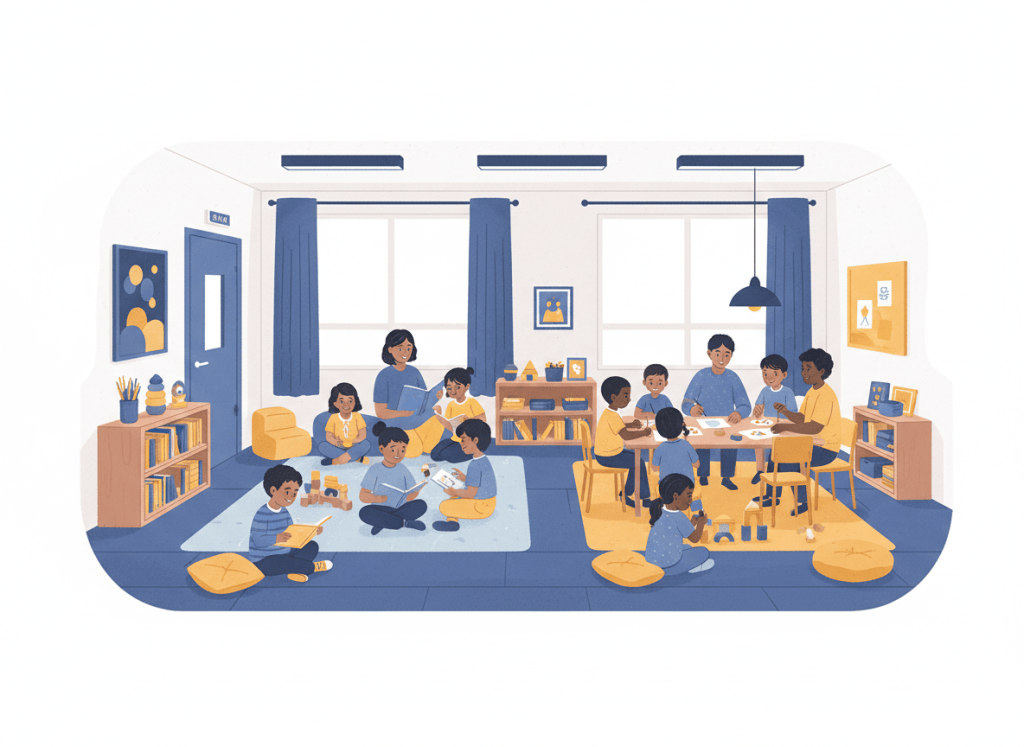 Illustration éditoriale institutionnelle et chaleureuse pour une école primaire française : enfants de maternelle et de primaire accueillis dans une garderie scolaire lumineuse, espace calme avec jeux éducatifs, lecture et activités créatives, accompagnement bienveillant par des adultes, ambiance rassurante et dynamique, palette bleu marine, bleu clair et jaune doux, style moderne semi-réaliste, sans texte, sans logos, format paysage.